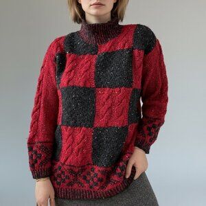 Vintage 1990s Liz Claiborne Checkered Wool Oversized Chunky Ski Sweater Sz S